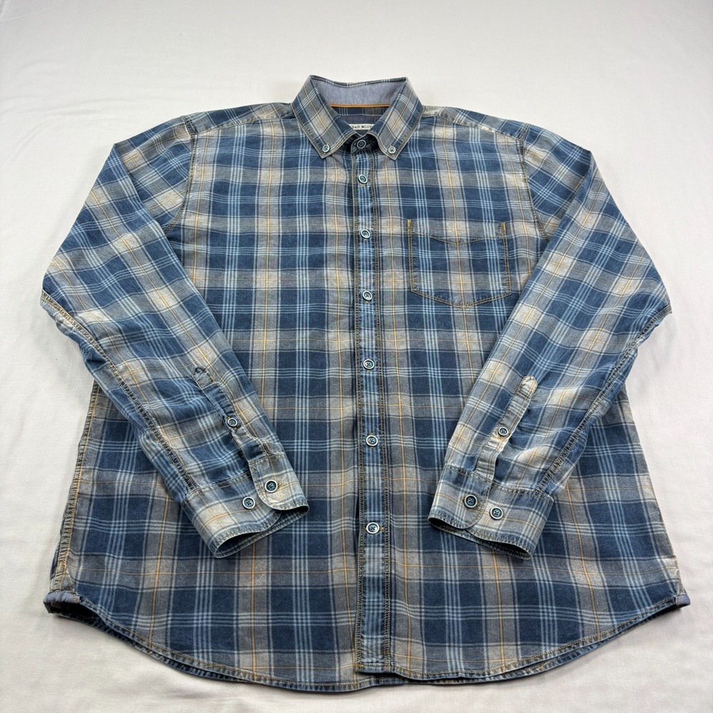 32 Bar Blues Shirt Mens Large Blue Gray Plaid Button Up Long Sleeve Casual